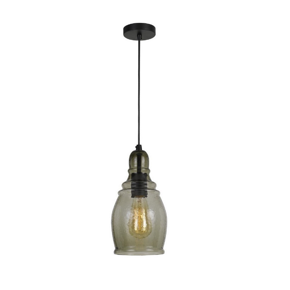 6 Inch Modern LED Pendent Light, Rippled Glass Shade, Smoky Finish, Black - BM287707