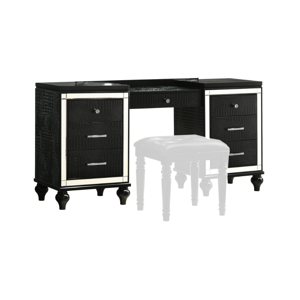 Kya 64 Inch Vanity Dresser Table with 7 Drawers, Mirrored Trim, Glam Black - BM287976