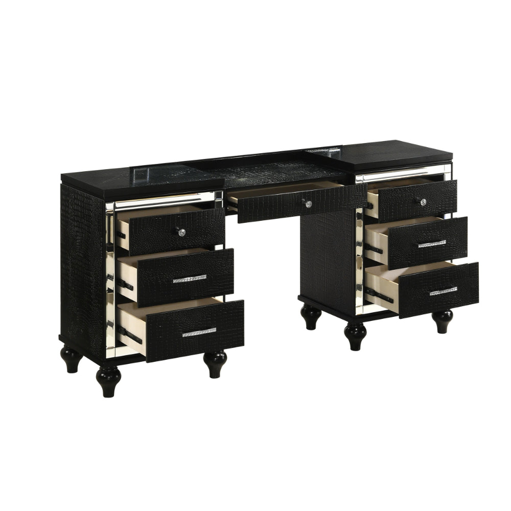 Kya 64 Inch Vanity Dresser Table with 7 Drawers, Mirrored Trim, Glam Black - BM287976