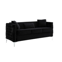 Joel 73 Inch Modern Sofa with 3 Pillows, Tufted Black Velvet, Silver Legs - BM293149