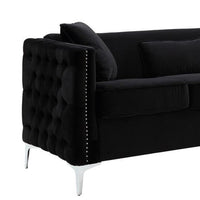 Joel 73 Inch Modern Sofa with 3 Pillows, Tufted Black Velvet, Silver Legs - BM293149