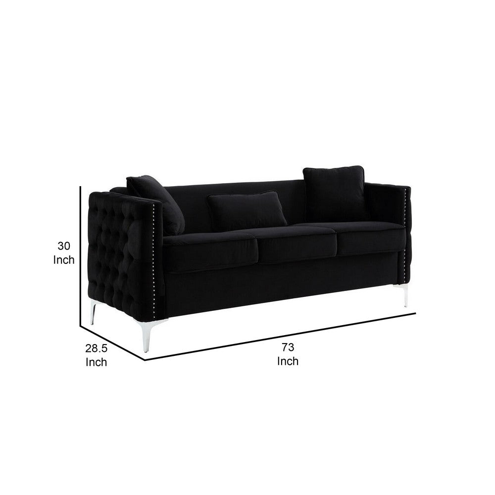 Joel 73 Inch Modern Sofa with 3 Pillows, Tufted Black Velvet, Silver Legs - BM293149