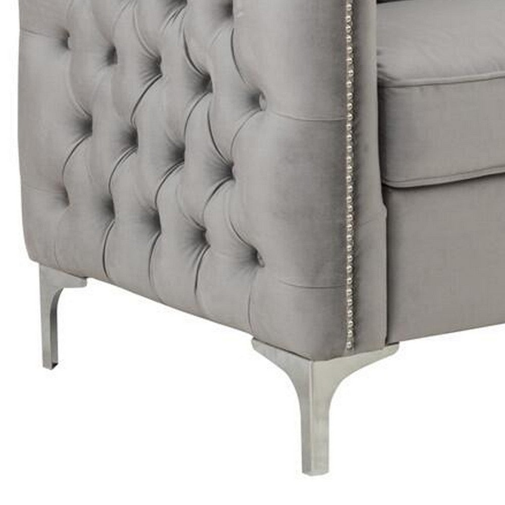 Joel 73 Inch Modern Sofa with 3 Pillows, Tufted Gray Velvet, Silver Legs - BM293150