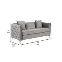 Joel 73 Inch Modern Sofa with 3 Pillows, Tufted Gray Velvet, Silver Legs - BM293150