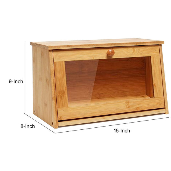 15 Inch Bamboo Bread Box with Visible Panel for Food Storage, Natural Brown - BM293174