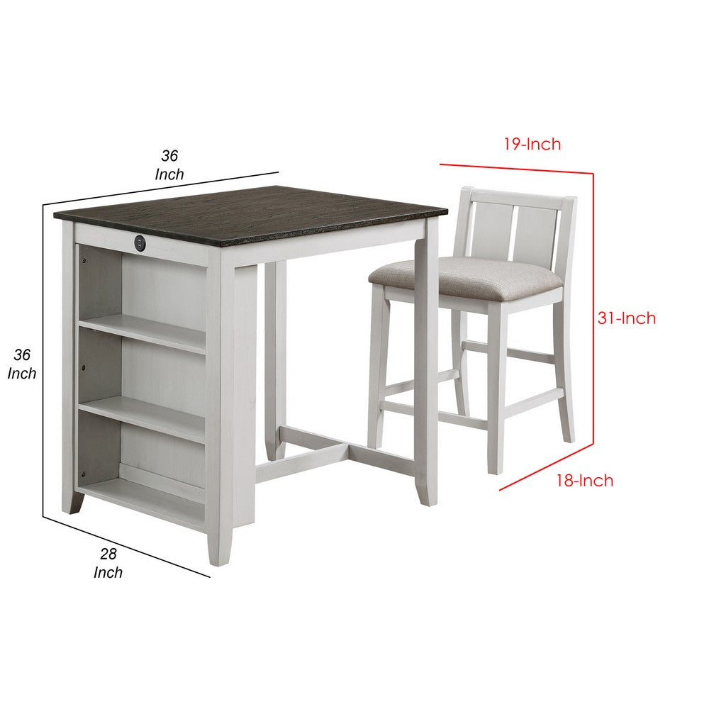 Hia 3 Piece Counter Table Set, Cushioned Seats, 2 Shelves, Crisp White - BM293303