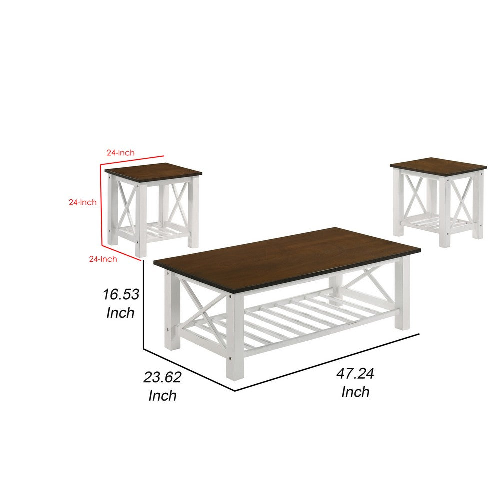 Viki 3 Piece White Coffee and End Table Set, Crossed Accents, Slatted Shelf - BM293314