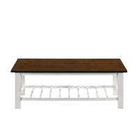 Viki 47 Inch Coffee Table, Crossbar, Slatted Open Shelf, White and Brown - BM293315