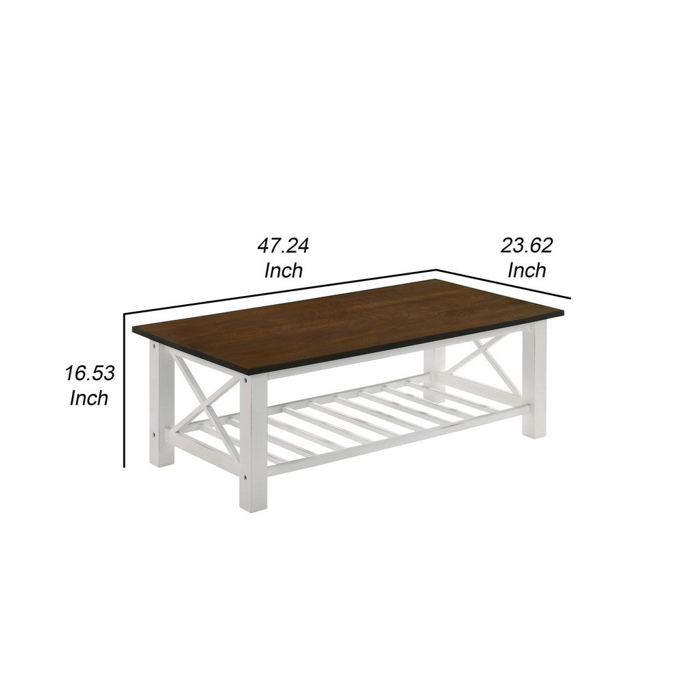 Viki 47 Inch Coffee Table, Crossbar, Slatted Open Shelf, White and Brown - BM293315