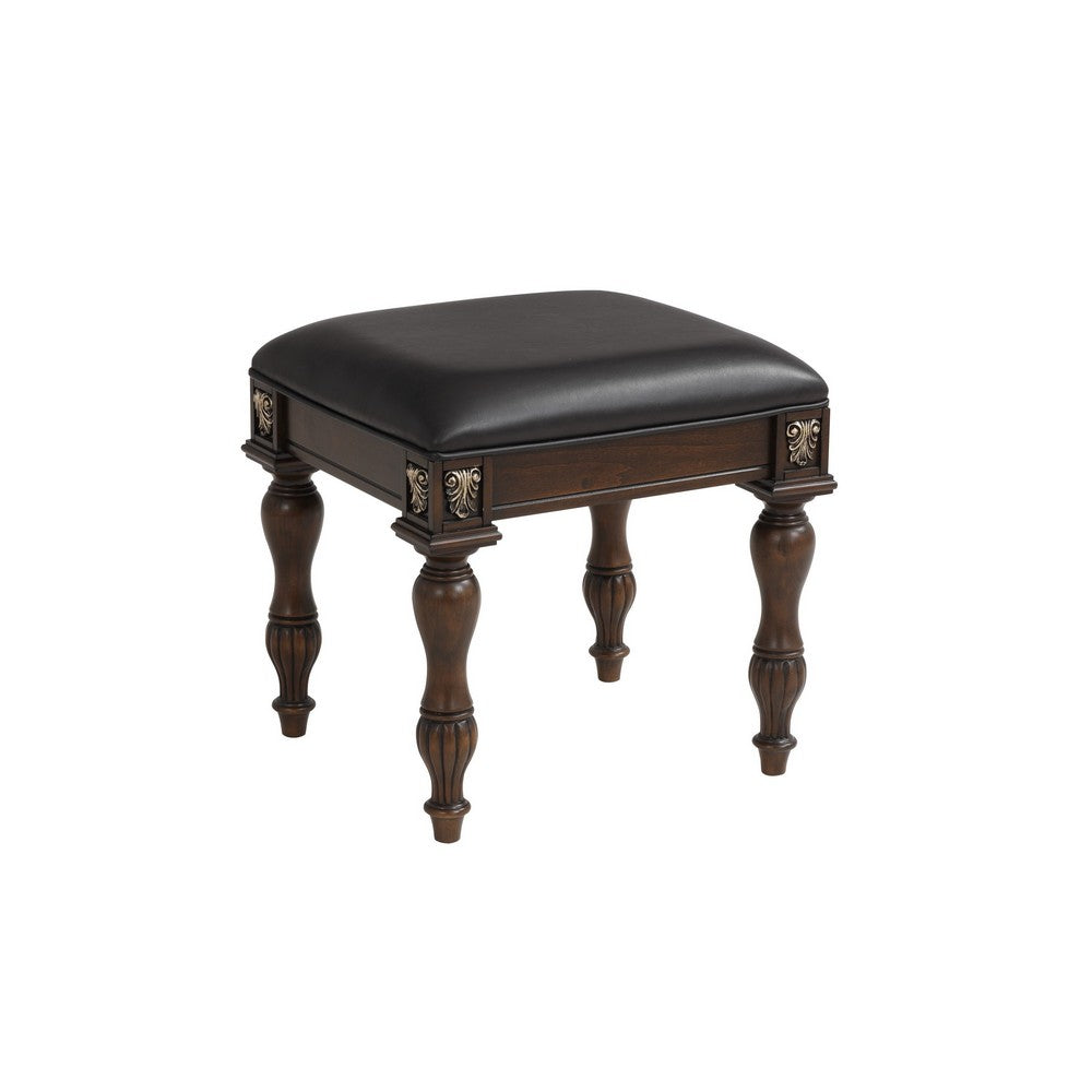 Mady 19 Inch Upholstered Vanity Stool, Ornate Trim, Deep Espresso Brown - BM293337