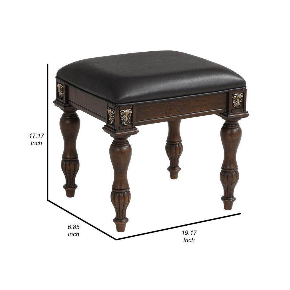 Mady 19 Inch Upholstered Vanity Stool, Ornate Trim, Deep Espresso Brown - BM293337