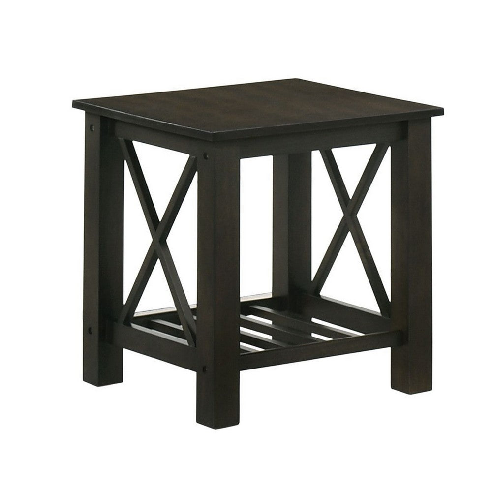 Viki 3 Piece Brown Coffee and End Table Set, Cross Bars, Slatted Open Shelf - BM293339