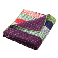 60 Inch Cotton Throw Blanket, Multi Color Stripes, Kantha Hand Quilting - BM293479