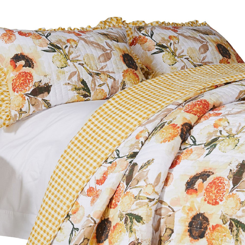 Kelsa 3 Piece Queen Quilt Set with 2 Pillow Shams and Cotton Fill, Gold - BM293494