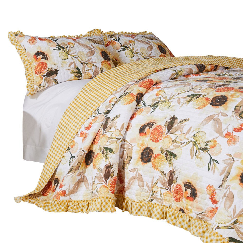 Kelsa 3 Piece Queen Quilt Set with 2 Pillow Shams and Cotton Fill, Gold - BM293494