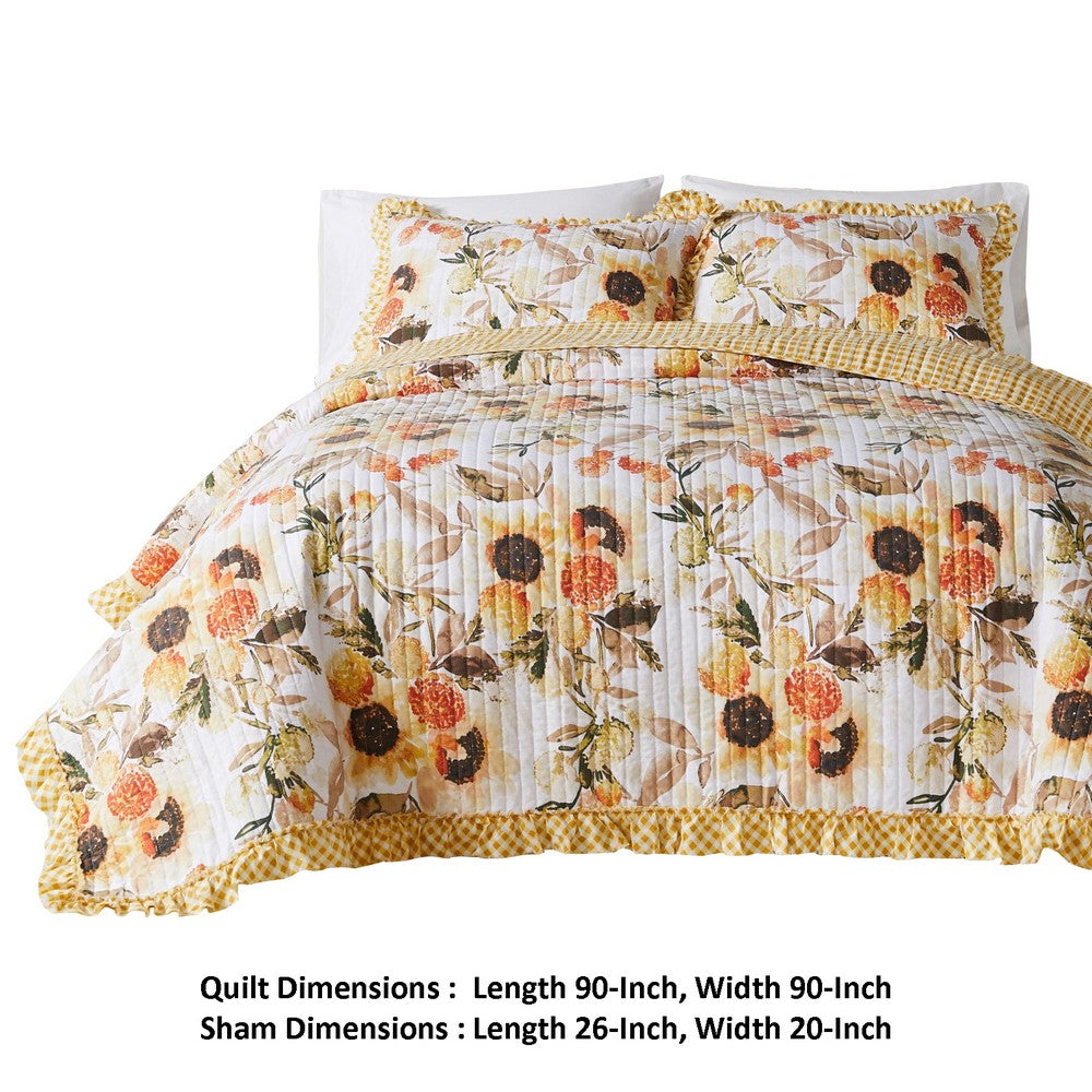 Kelsa 3 Piece Queen Quilt Set with 2 Pillow Shams and Cotton Fill, Gold - BM293494