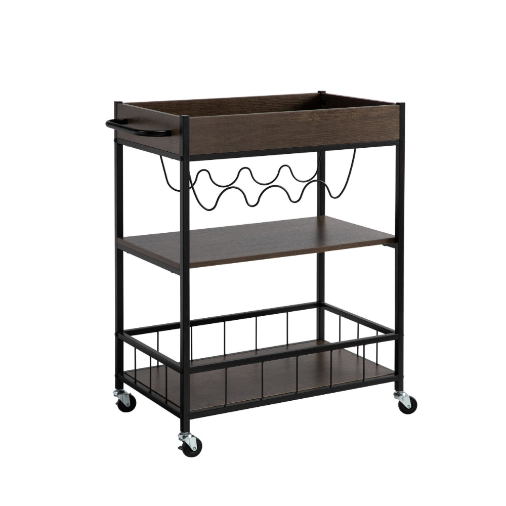 Kelcy 34 Inch Modern Kitchen Bar Cart, 3 Shelves, Wine Rack, Wheels, Brown - BM293551