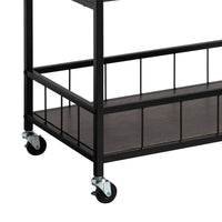 Kelcy 34 Inch Modern Kitchen Bar Cart, 3 Shelves, Wine Rack, Wheels, Brown - BM293551