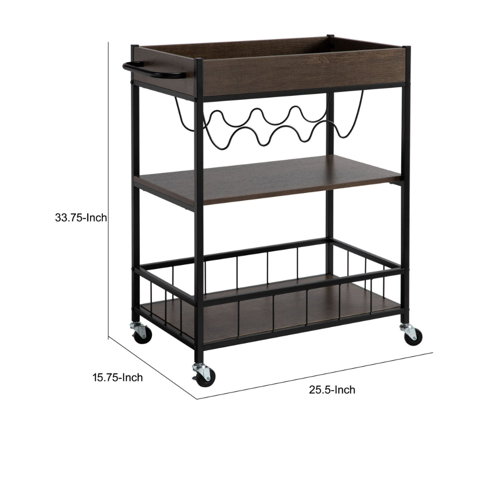 Kelcy 34 Inch Modern Kitchen Bar Cart, 3 Shelves, Wine Rack, Wheels, Brown - BM293551