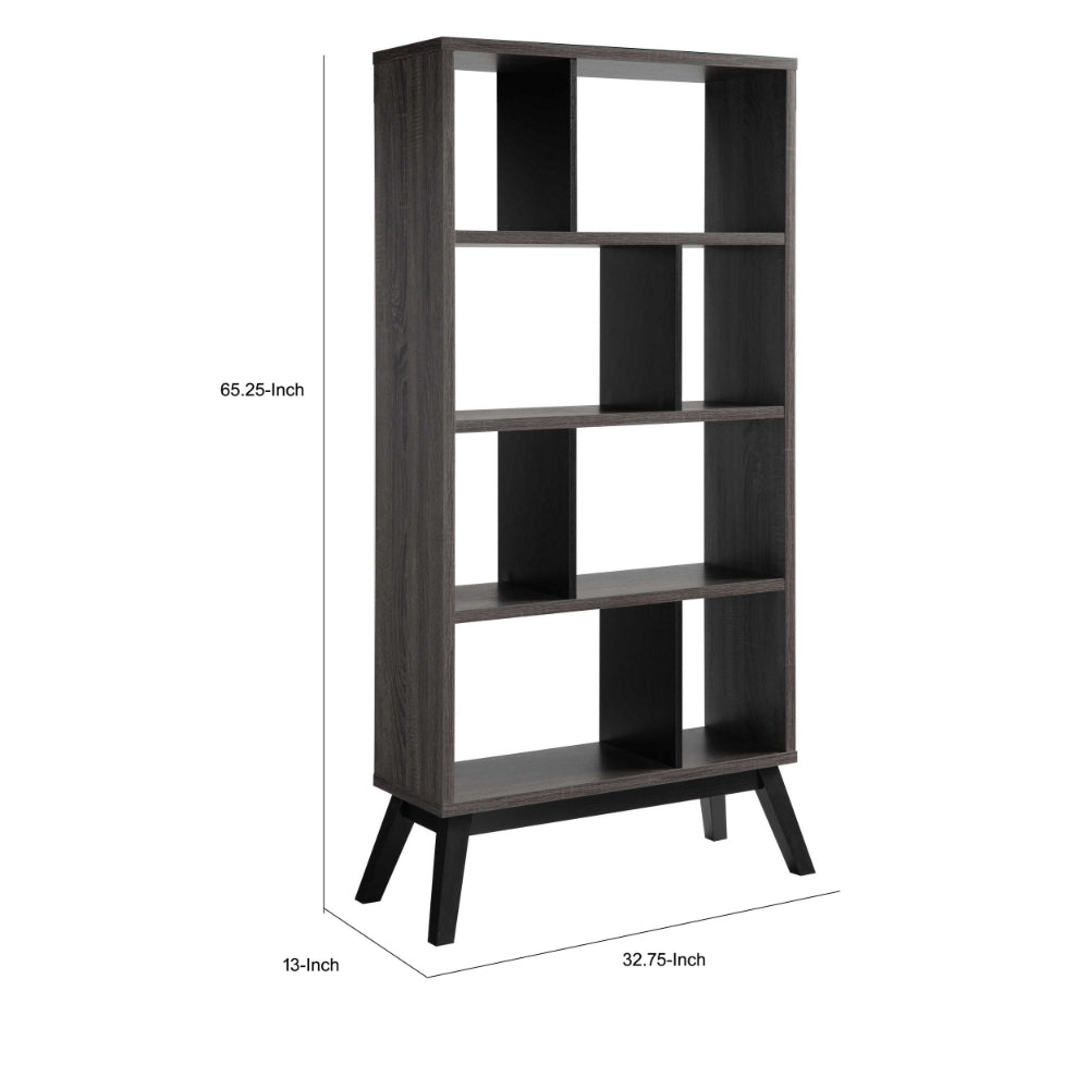 65 Inch Modern Bookcase, Four Shelves with Dividers, Flared Legs, Gray - BM293556