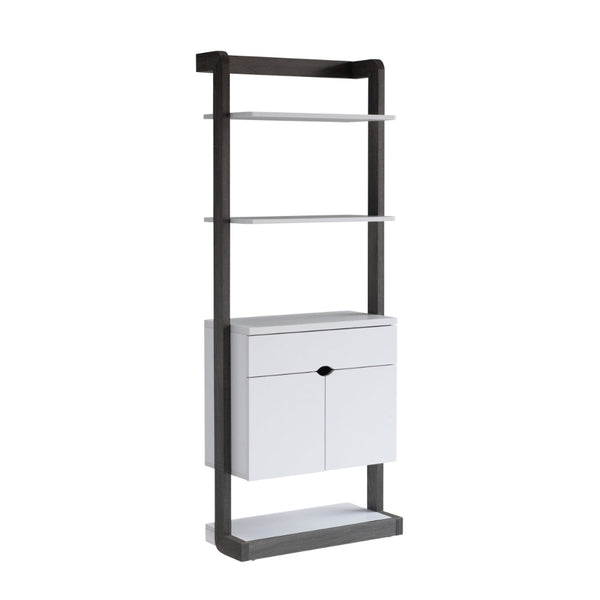 65 Inch Modern Display Cabinet, 4 Shelves, Drawer, Distressed Gray, White - BM293569