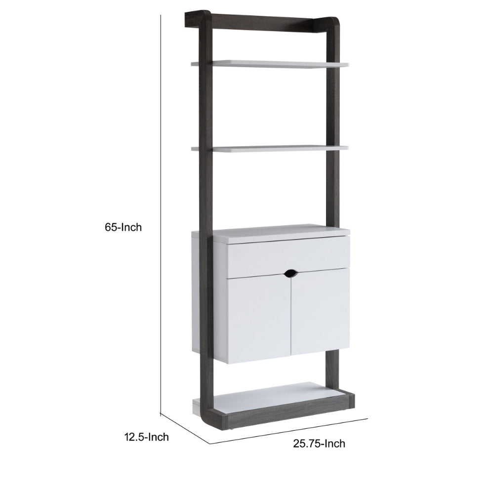 65 Inch Modern Display Cabinet, 4 Shelves, Drawer, Distressed Gray, White - BM293569