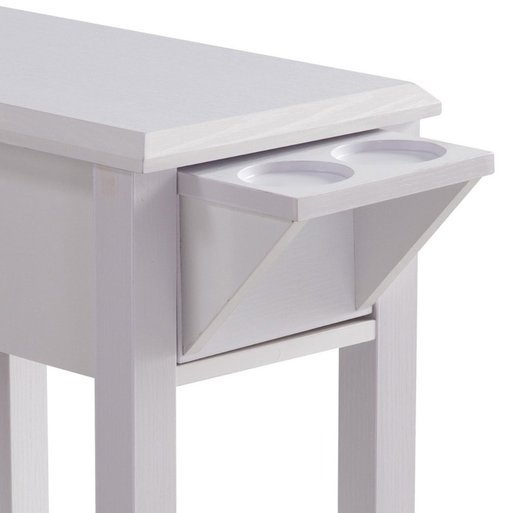 24 Inch Modern Chairside Table with Extendable Drawer and Cupholders, White - BM293578