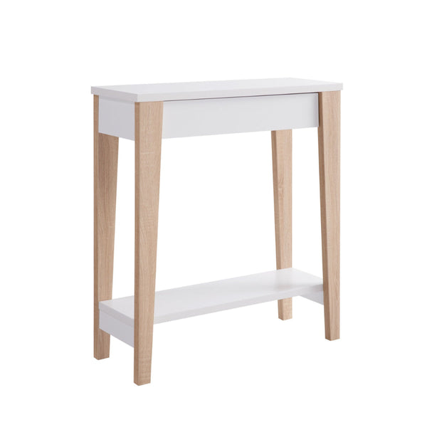 34 Inch Console Table with Drawer and Shelf, Tapered Legs, White, Brown - BM293581