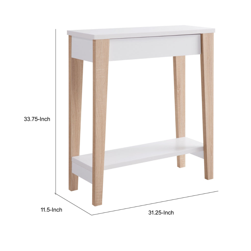 34 Inch Console Table with Drawer and Shelf, Tapered Legs, White, Brown - BM293581