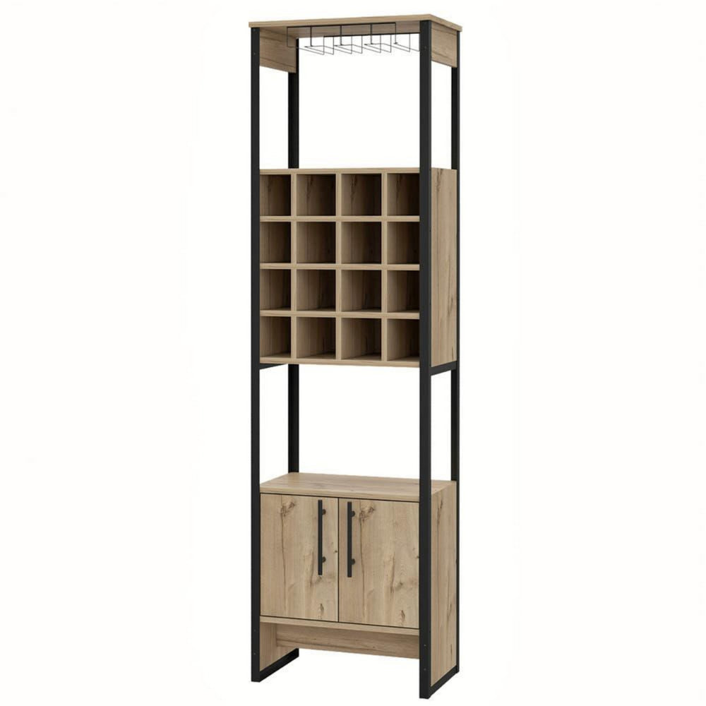 Isa 71 Inch Standing Bar Cabinet, 16 Cubbies, Natural Brown Wood Finish - BM293716