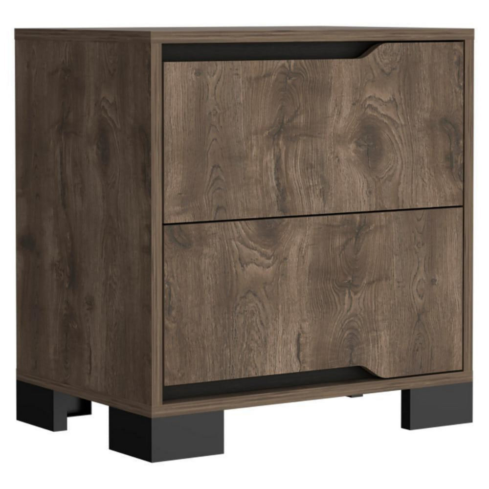 Elbe 33 Inch Modern Nightstand, 2 Gliding Drawers, Dark Oak Veneer Finish - BM293750