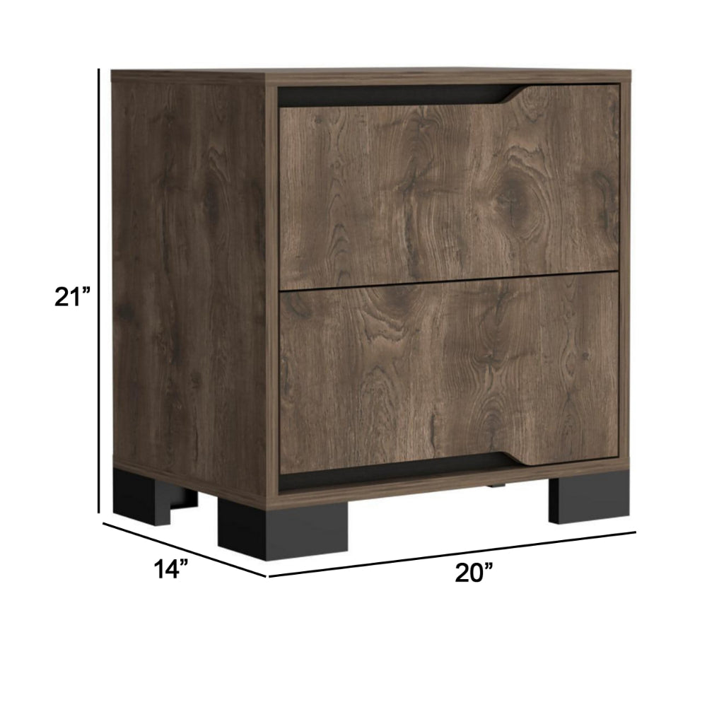 Elbe 33 Inch Modern Nightstand, 2 Gliding Drawers, Dark Oak Veneer Finish - BM293750