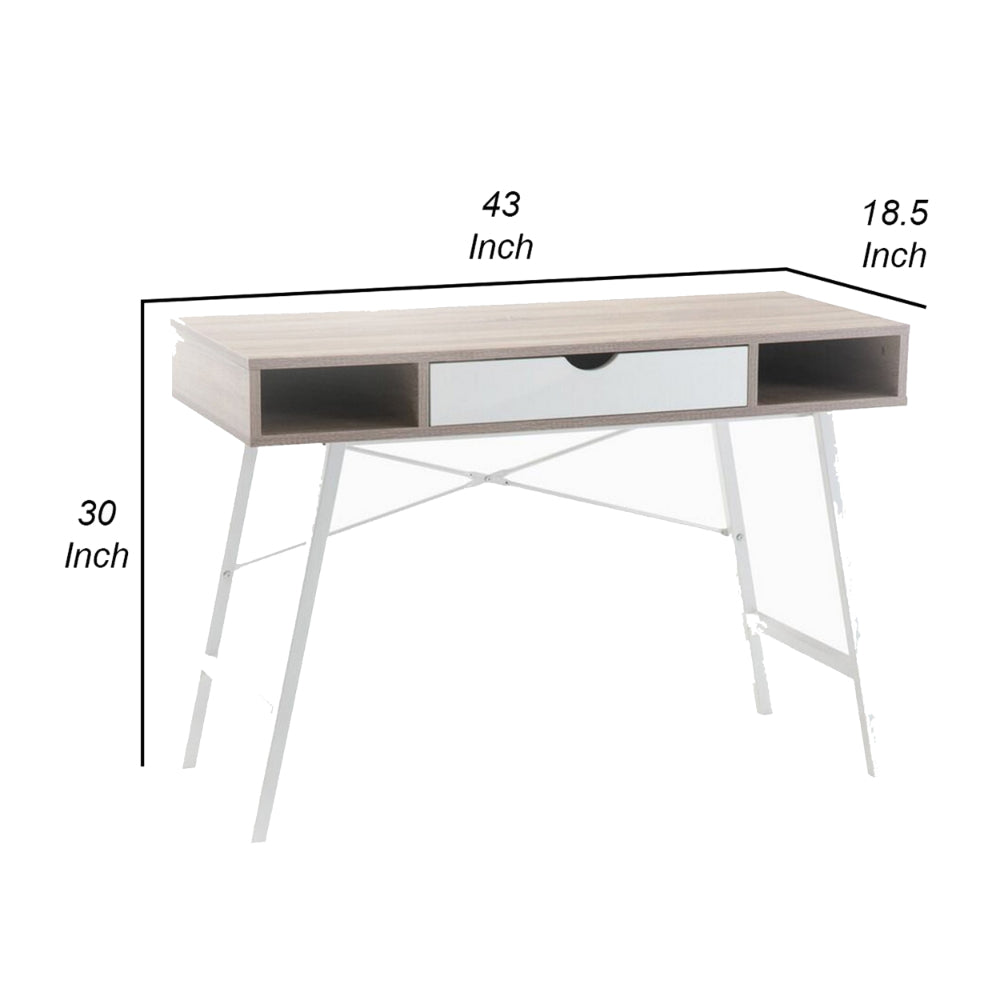 43 Inch Modern Home Office Desk with 2 Cubbies, Metal Frame, Brown, White - BM293929