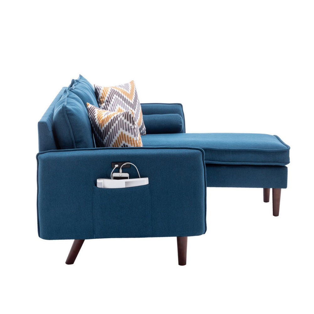 Ranon 70 Inch Sectional Chaise Sofa, Pillows, USB Ports, Side Pockets, Blue - BM293941