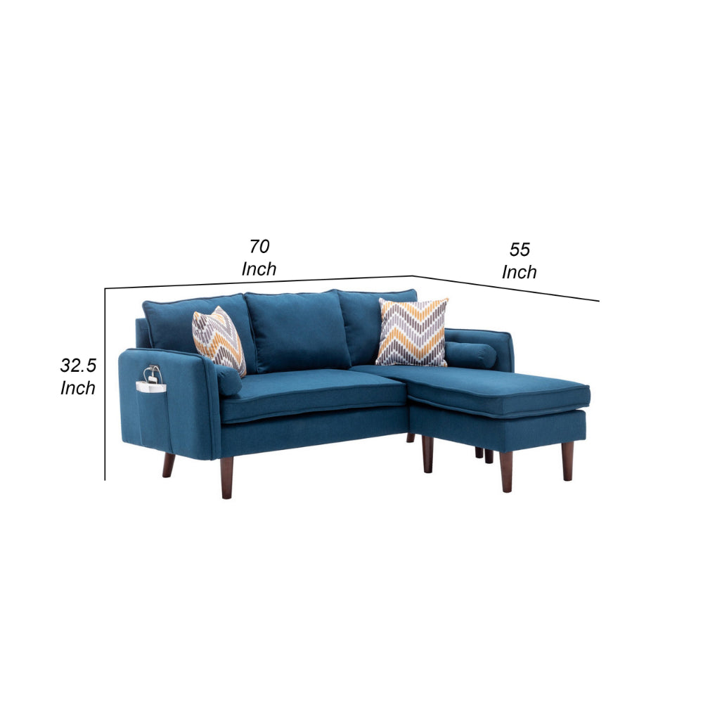 Ranon 70 Inch Sectional Chaise Sofa, Pillows, USB Ports, Side Pockets, Blue - BM293941