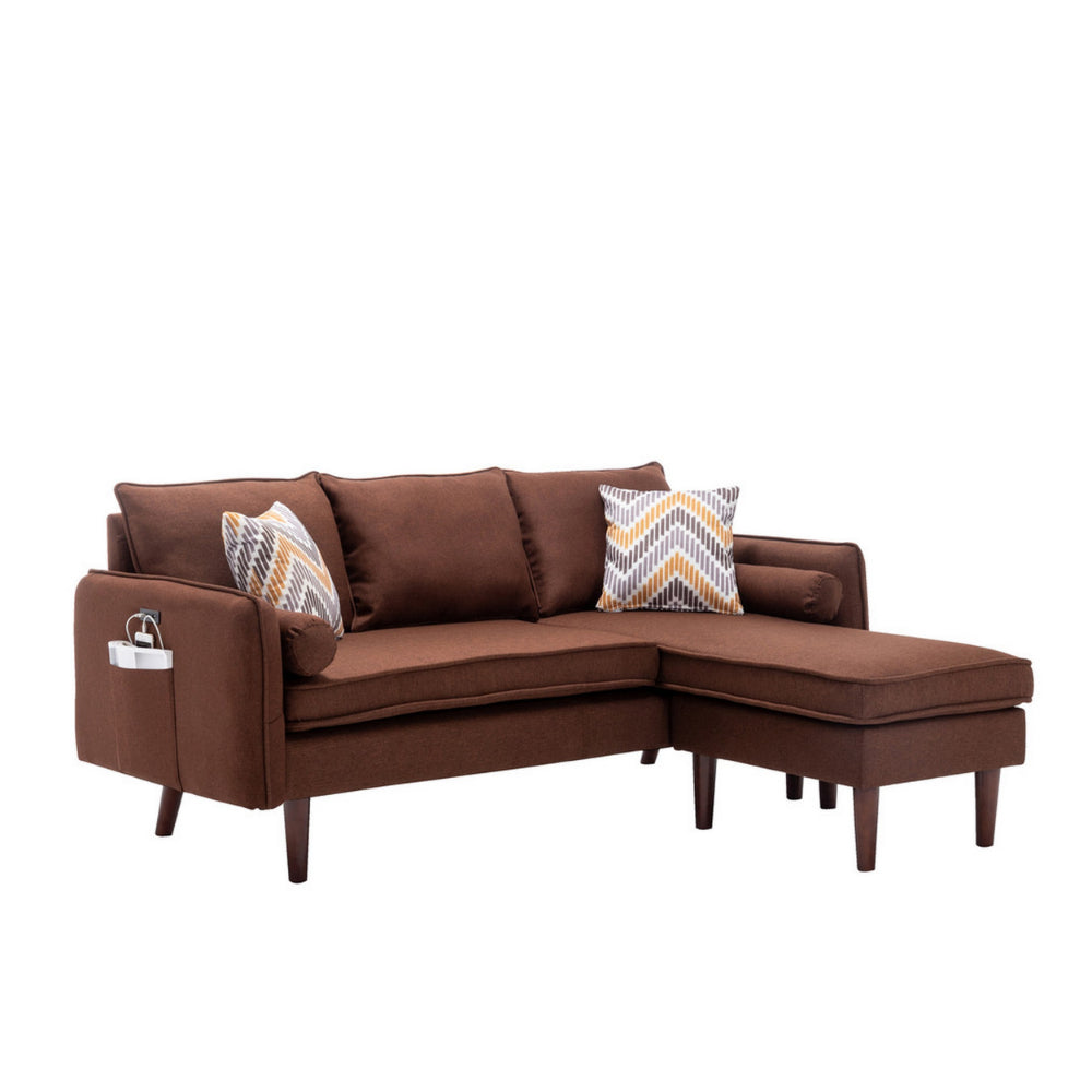 Ranon 70 Inch Sectional Chaise Sofa, Pillows, USB Ports, Side Pockets Brown - BM293946