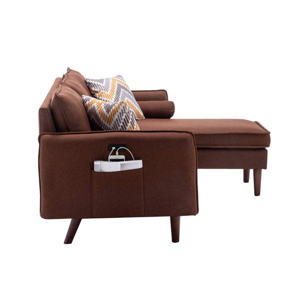 Ranon 70 Inch Sectional Chaise Sofa, Pillows, USB Ports, Side Pockets Brown - BM293946