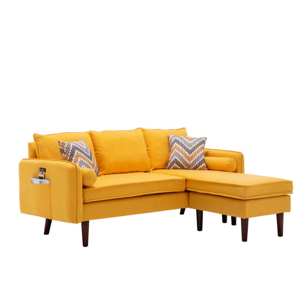 Ranon 70 Inch Sectional Chaise Sofa, Pillows, USB Ports, Pockets, Yellow - BM293961