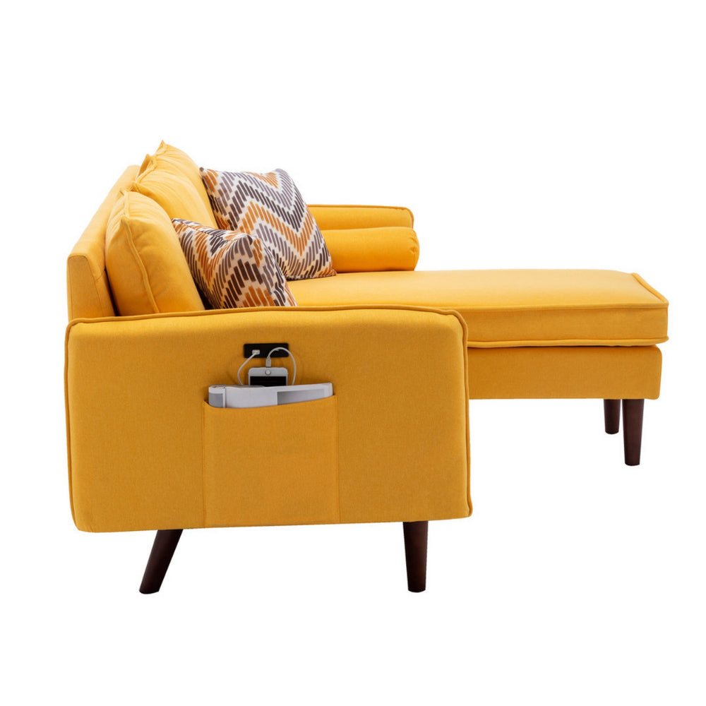 Ranon 70 Inch Sectional Chaise Sofa, Pillows, USB Ports, Pockets, Yellow - BM293961