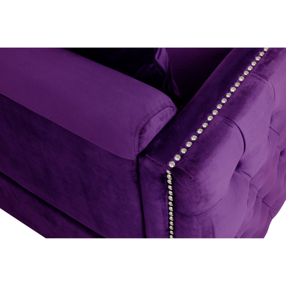 Zion 73 Inch Modern Sofa, Button Tufted Purple Velvet with Nailhead Trim - BM293966
