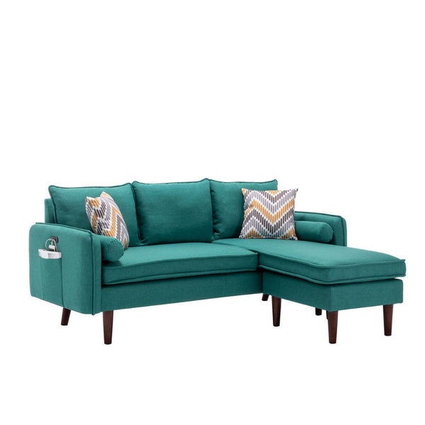 Ranon 70 Inch Sectional Chaise Sofa, Pillows, USB Ports, Side Pockets, Teal - BM293971