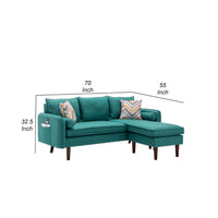 Ranon 70 Inch Sectional Chaise Sofa, Pillows, USB Ports, Side Pockets, Teal - BM293971