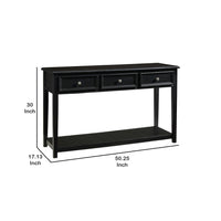 Billy 50 Inch Sofa Console Table, 3 Drawers and Plank Style Shelf, Black - BM293989