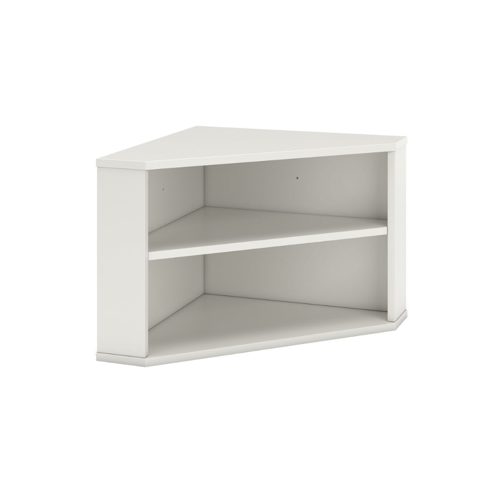 Tio 29 Inch Corner Bookcase Console with 2 Shelves, Triangle Shaped, White - BM293999