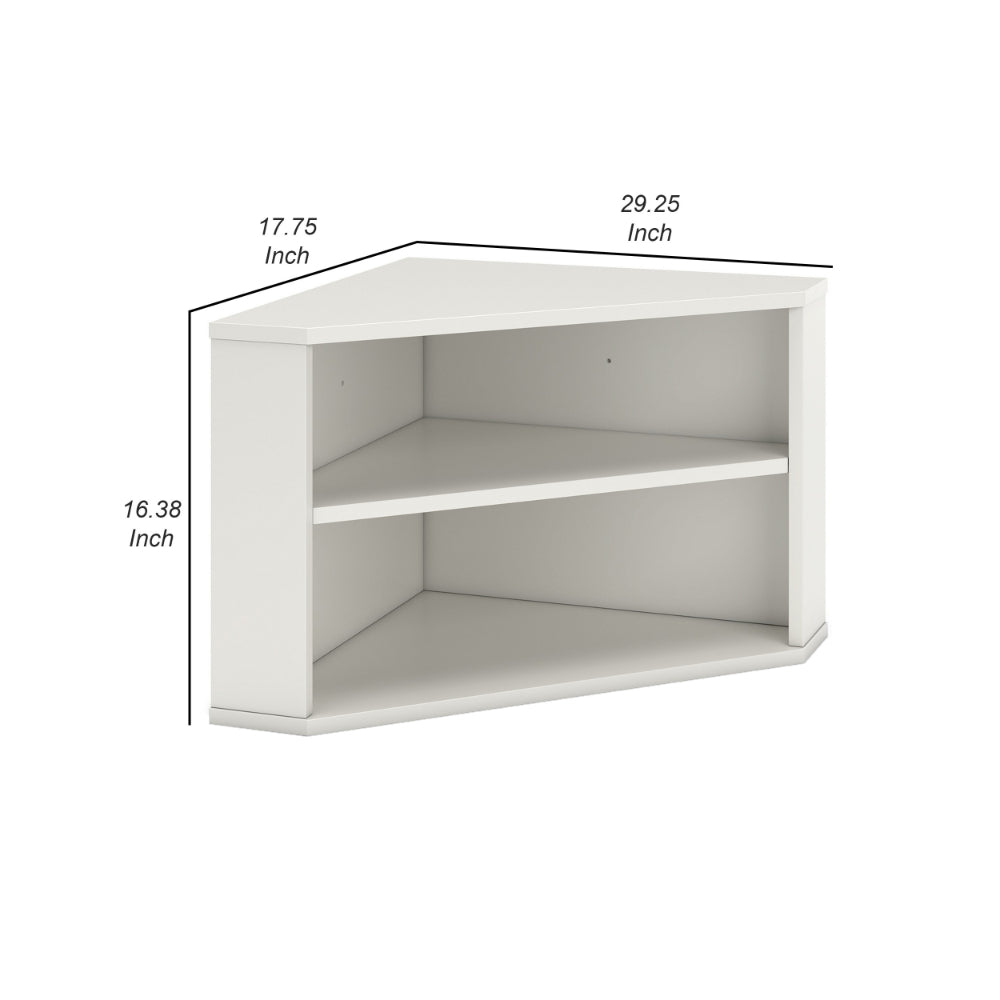 Tio 29 Inch Corner Bookcase Console with 2 Shelves, Triangle Shaped, White - BM293999