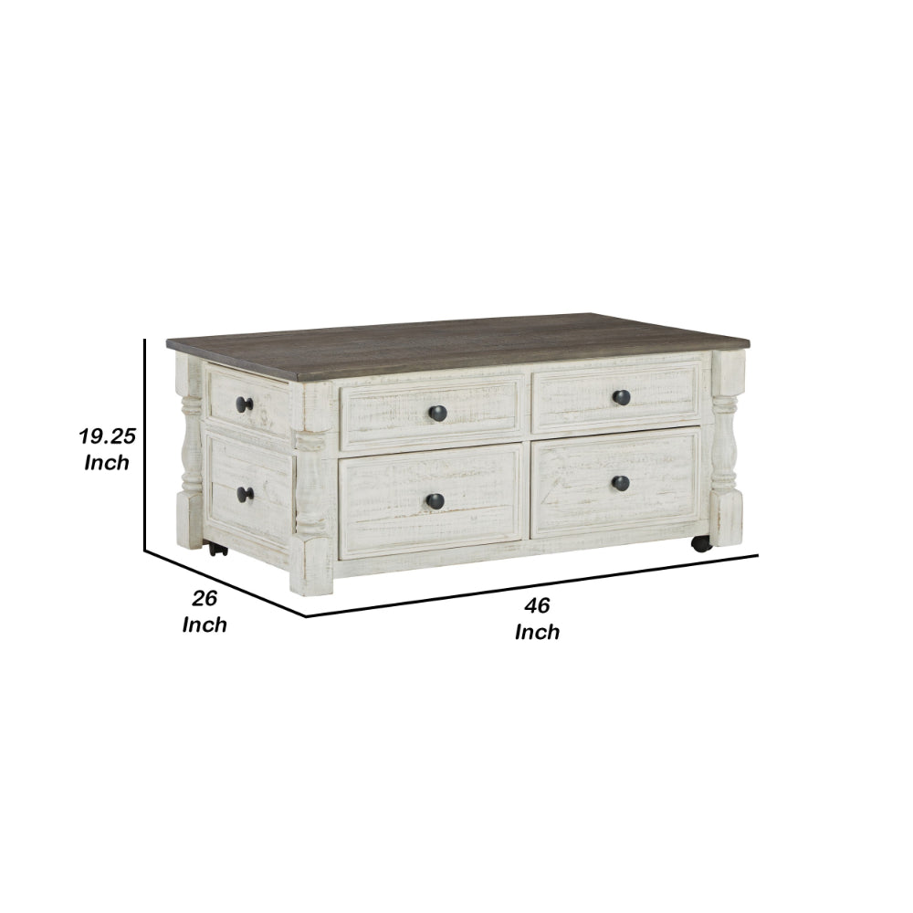 46 Inch Rectangular Lift Top Coffee Table, Faux Drawer Front, White, Brown - BM294019