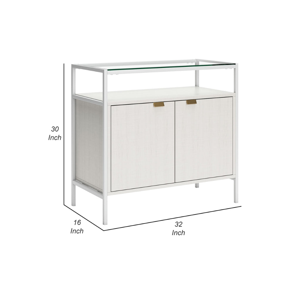 Deni 32 Inch Small Sideboard Bookcase, One Shelf and 2 Doors, Classic White - BM294052