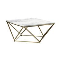 36 Inch Modern Square Coffee Table, White Faux Marble Top, Slender Gold Base - BM294154