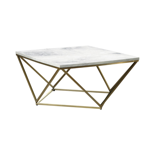 36 Inch Modern Square Coffee Table, White Faux Marble Top, Slender Gold Base - BM294154