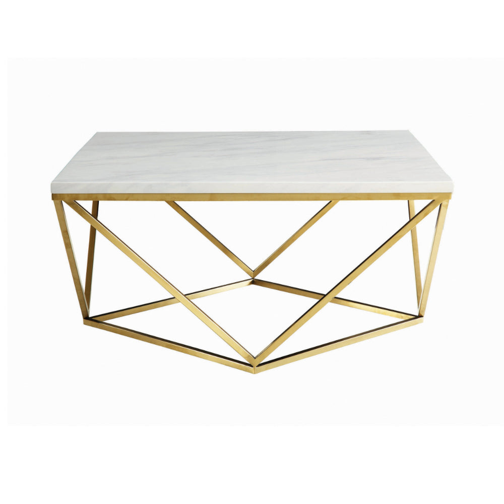 36 Inch Modern Square Coffee Table, White Faux Marble Top, Slender Gold Base - BM294154